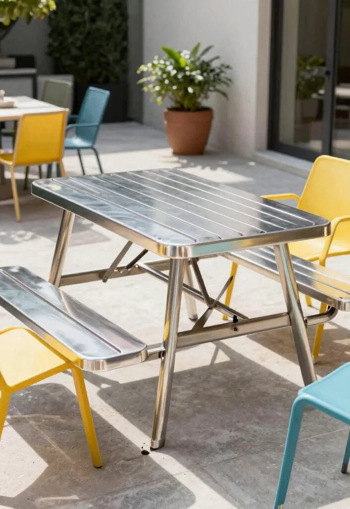 15 Backyard Picnic Table Ideas That Seat More Than Four People - 11. Steel Table with Slatted Top 1