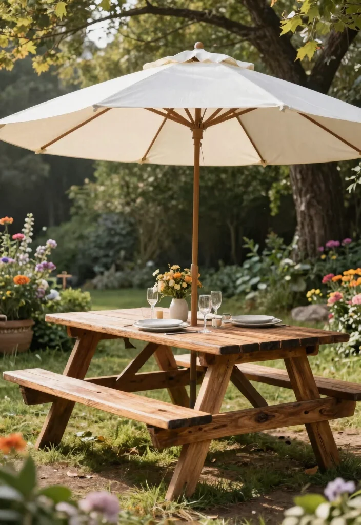 15 Backyard Picnic Table Ideas That Seat More Than Four People - 12. Reclaimed Wood Table with Umbrella 1