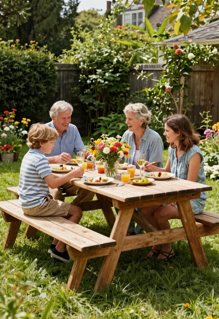 15 Backyard Picnic Table Ideas That Seat More Than Four People - 15. Classic Wooden Table with Bench 1