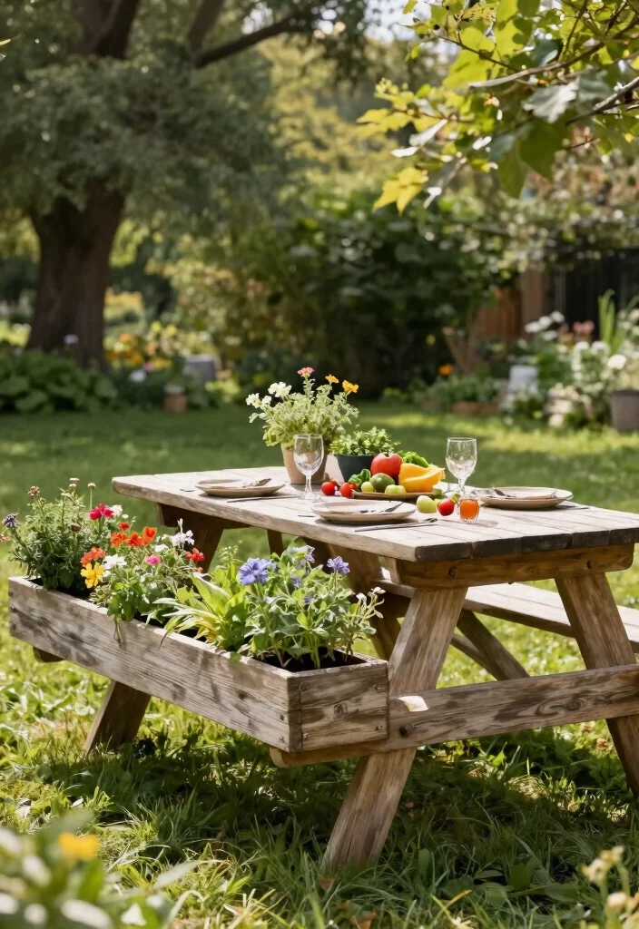 15 Backyard Picnic Table Ideas That Seat More Than Four People - 6. Built-In Planter Table 1