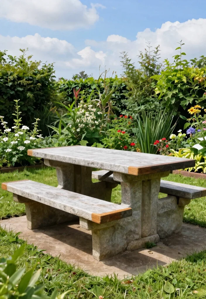 15 Backyard Picnic Table Ideas That Seat More Than Four People - 7. Stone Table with Wooden Accents 1
