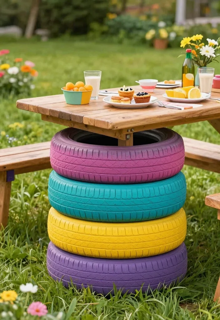 15 Backyard Picnic Table Ideas That Seat More Than Four People - 9. DIY Tire Picnic Table 1