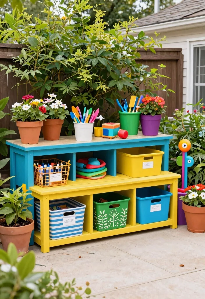 15 Backyard Playground Ideas for Small Yards With No Room to Spare - 15. Colorful Garden Equipment Storage 1