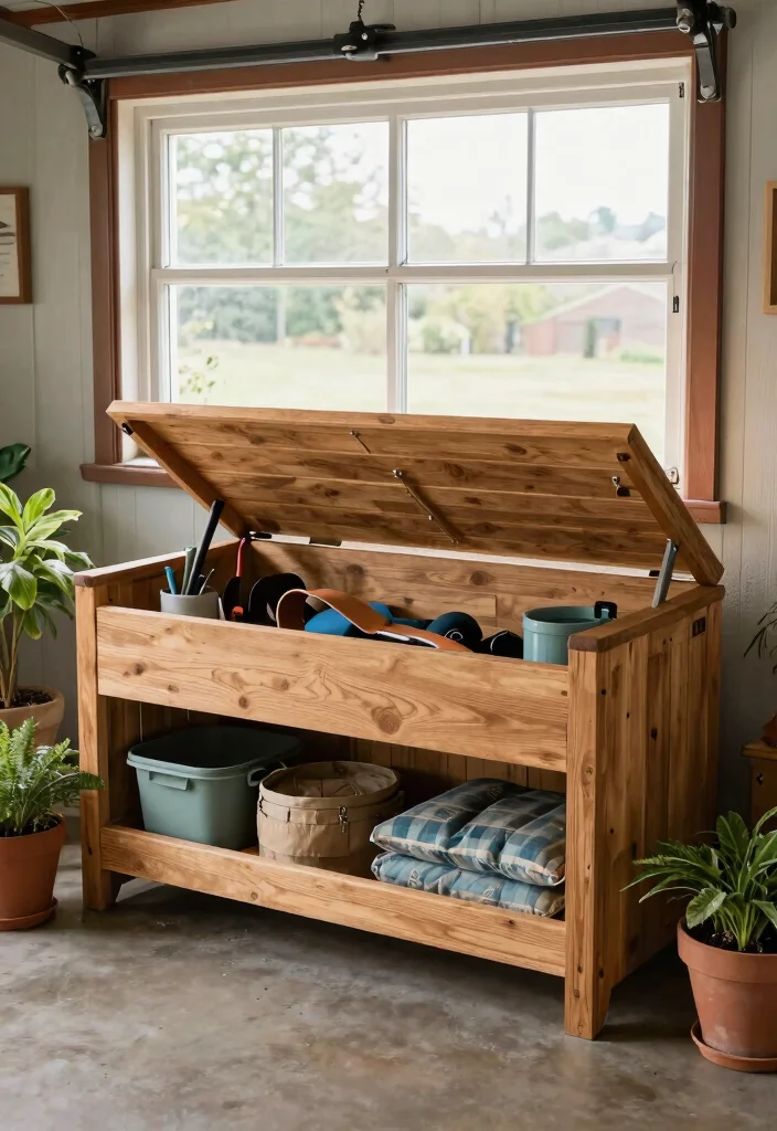 15 Outdoor Gear Organization Ideas for Tight Garages - 13. Incorporate Garden Bench Storage 1