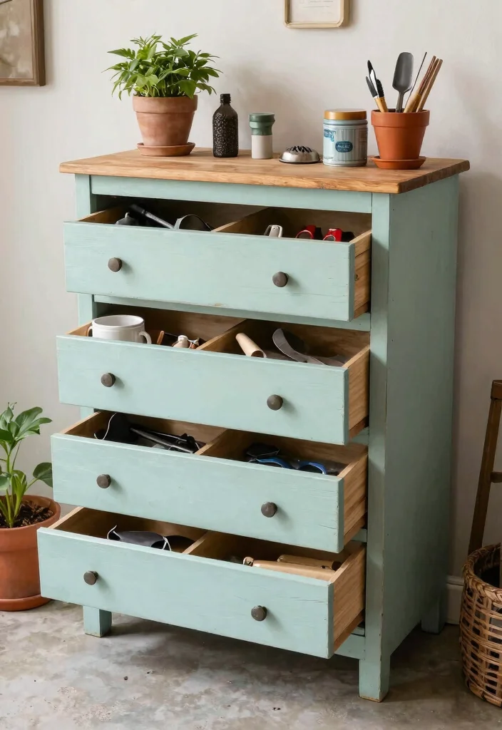 15 Outdoor Gear Organization Ideas for Tight Garages - 5. Repurpose Old Furniture for Tool Storage 1
