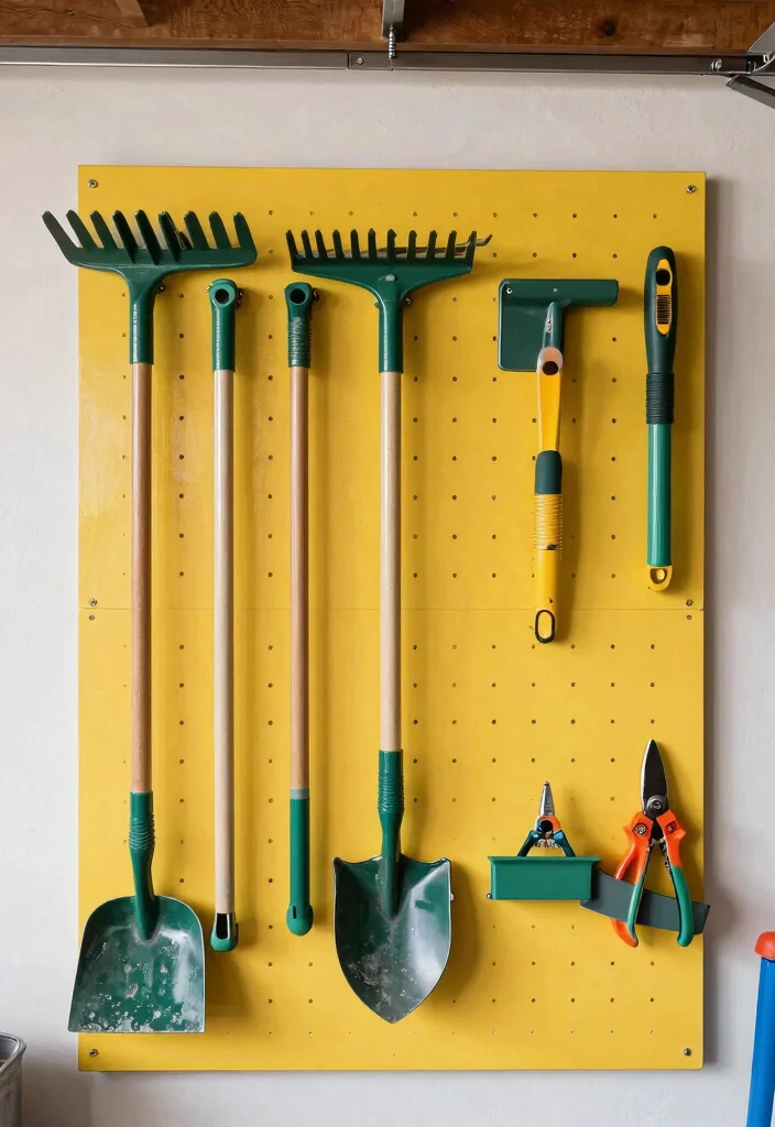 15 Outdoor Gear Organization Ideas for Tight Garages - 6. Hang Garden Tools on Pegboards 1