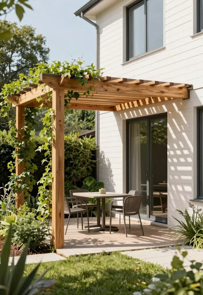 15 Outdoor Pergola Attached to House Ideas That Don't Damage Siding - 1. Minimalist Wooden Pergola 1
