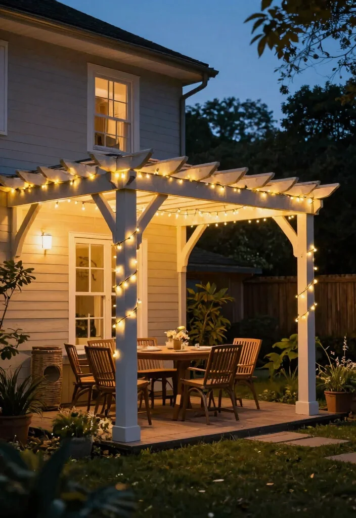 15 Outdoor Pergola Attached to House Ideas That Don't Damage Siding - 14. Pergola with Integrated Lighting 1