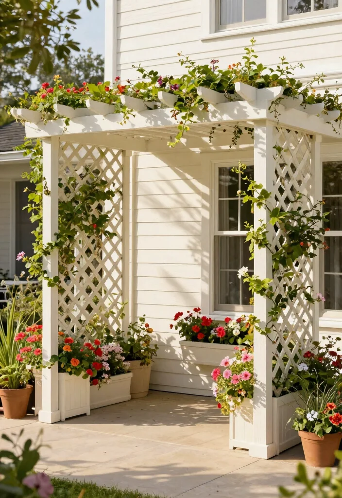 15 Outdoor Pergola Attached to House Ideas That Don't Damage Siding - 2. Lattice Pergola with Planters 1