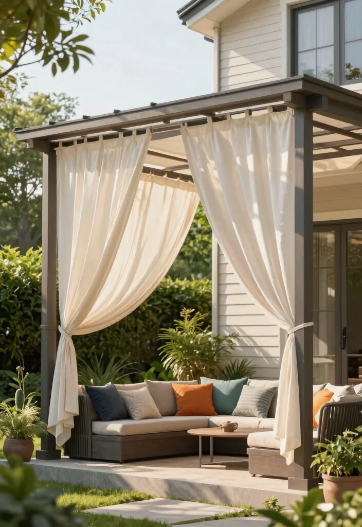 15 Outdoor Pergola Attached to House Ideas That Don't Damage Siding - 3. Fabric Canopy Pergola 1