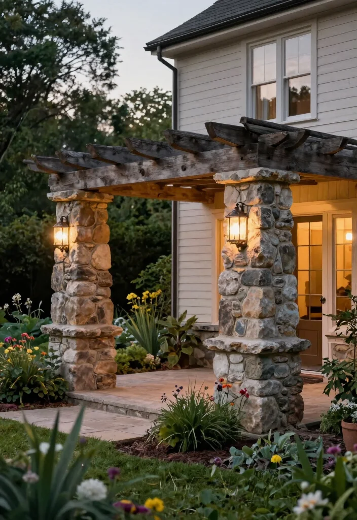 15 Outdoor Pergola Attached to House Ideas That Don't Damage Siding - 4. Rustic Stone Pergola 1