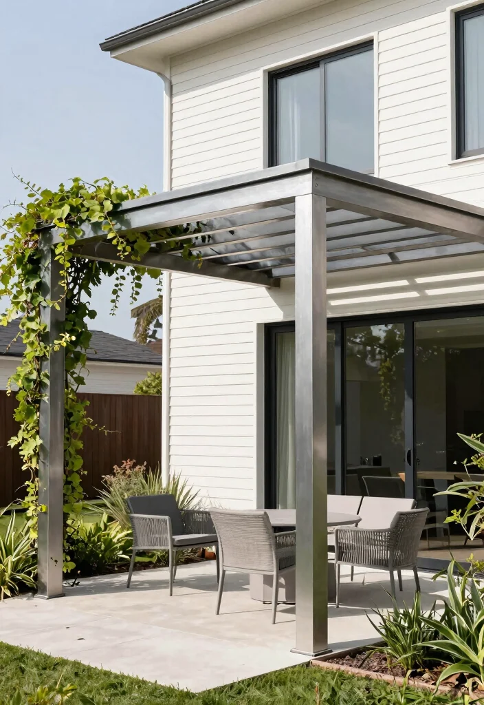 15 Outdoor Pergola Attached to House Ideas That Don't Damage Siding - 5. Simple Metal Pergola 1
