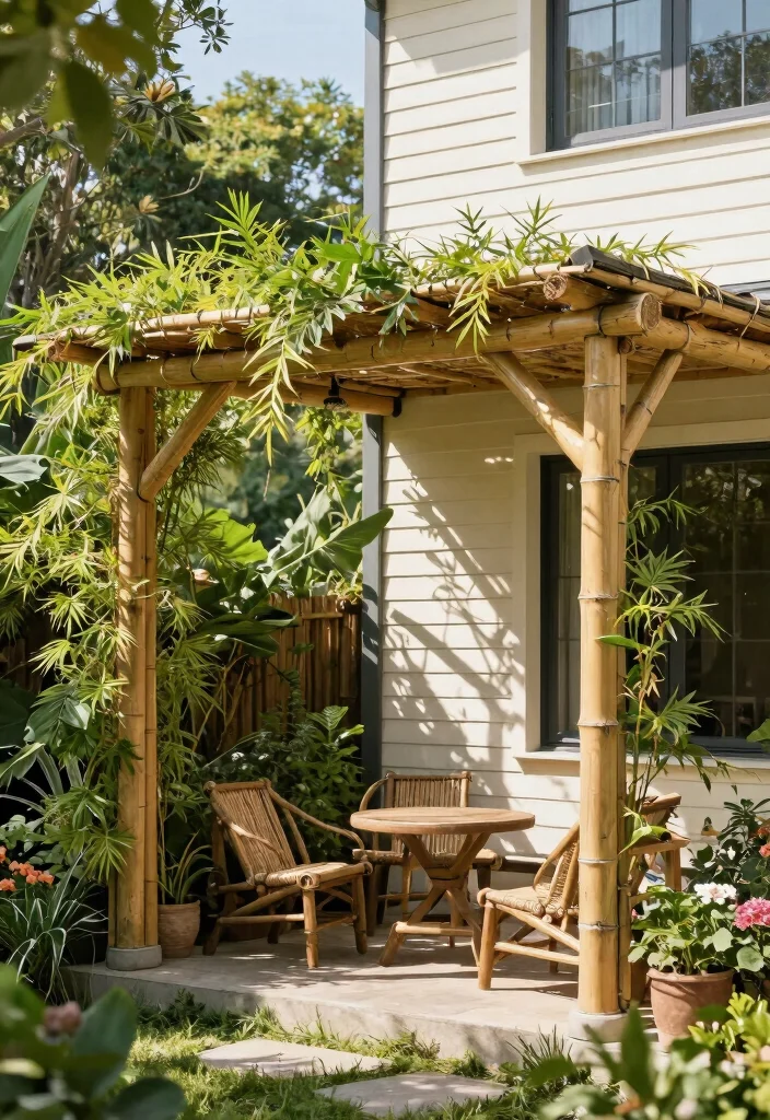 15 Outdoor Pergola Attached to House Ideas That Don't Damage Siding - 6. Eco-Friendly Bamboo Pergola 1