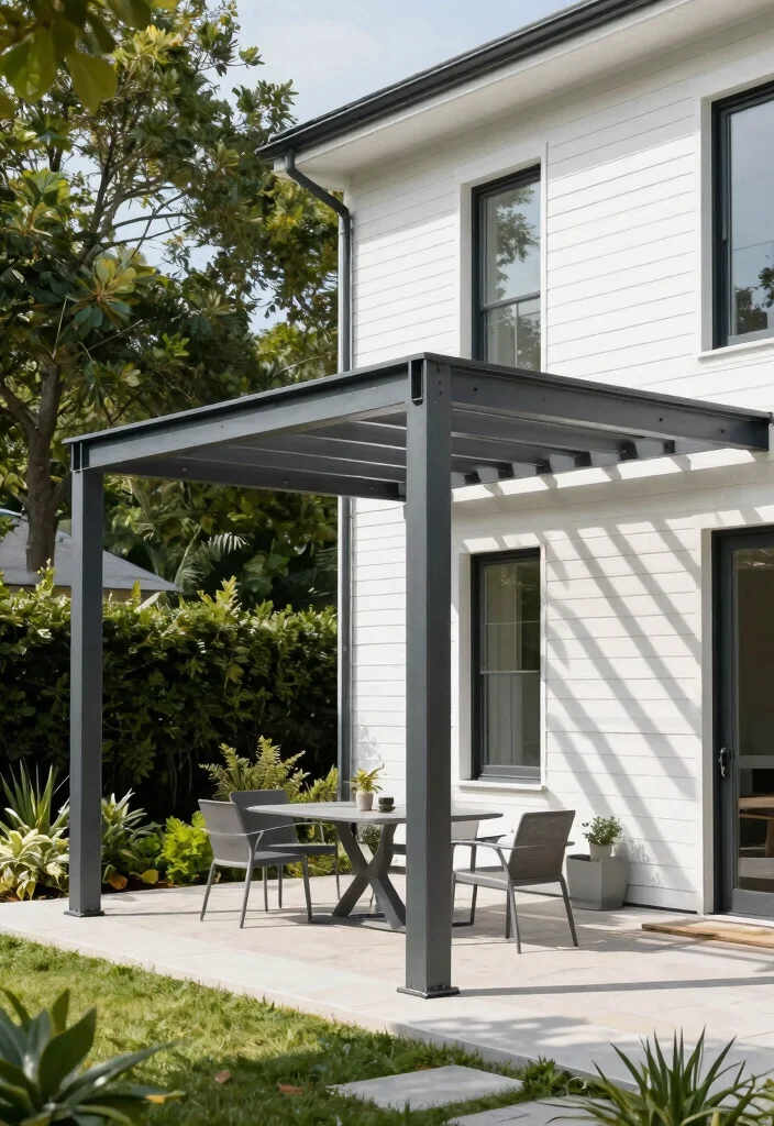 15 Outdoor Pergola Attached to House Ideas That Don't Damage Siding - 9. Contemporary Steel Pergola 1