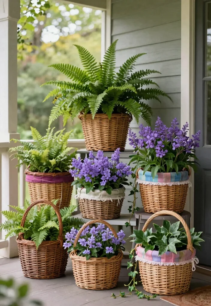 15 Shade Flower Pots Ideas for North-Facing Porches - 1. Whimsical Wicker Wonders 1
