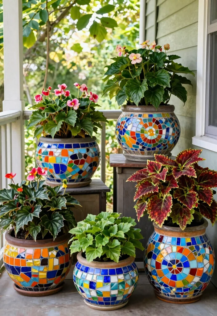 15 Shade Flower Pots Ideas for North-Facing Porches - 12. Colorful Mosaic Pots 1