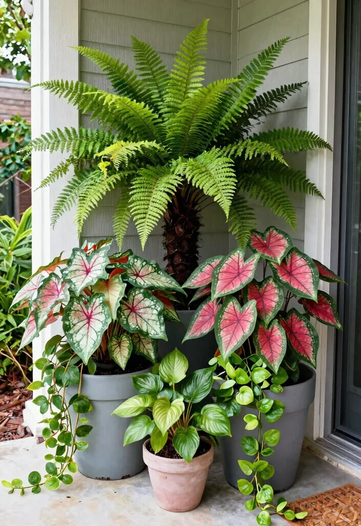 15 Shade Flower Pots Ideas for North-Facing Porches - 14. Dynamic Combo Containers 1