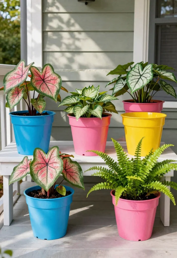 15 Shade Flower Pots Ideas for North-Facing Porches - 4. Bold Colors with Plastic Pots 1