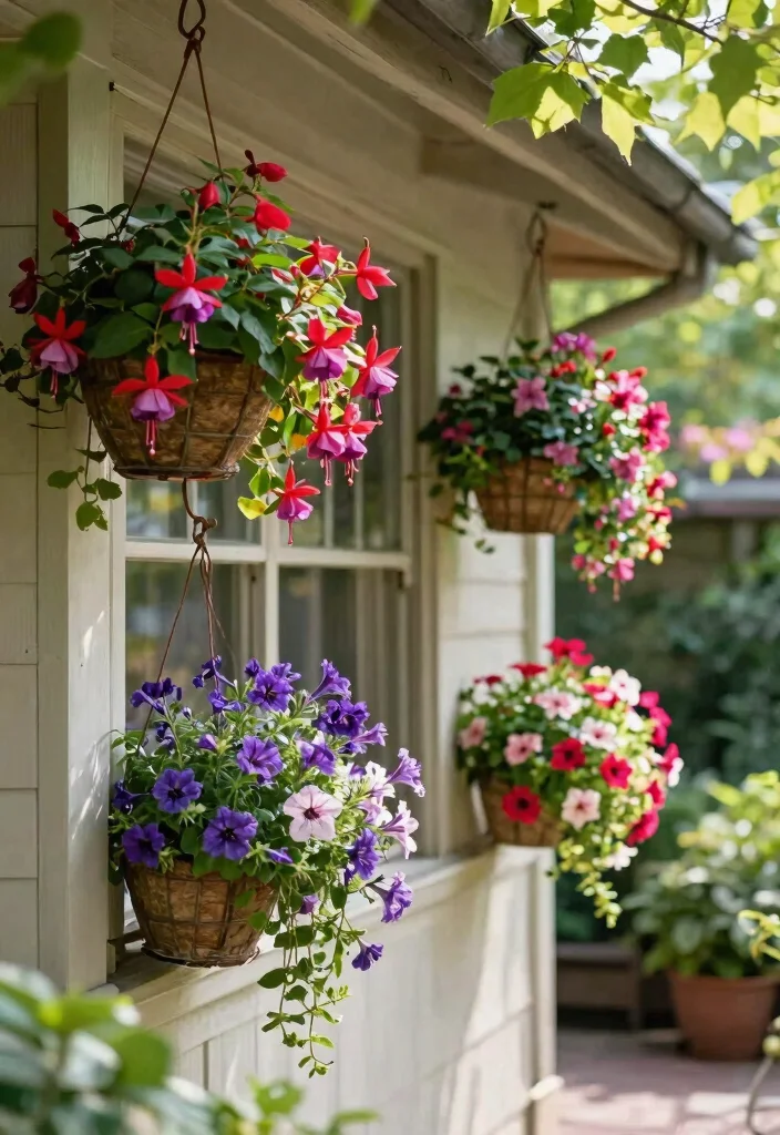 15 Shade Flower Pots Ideas for North-Facing Porches - 6. Cascading Color with Hanging Baskets 1