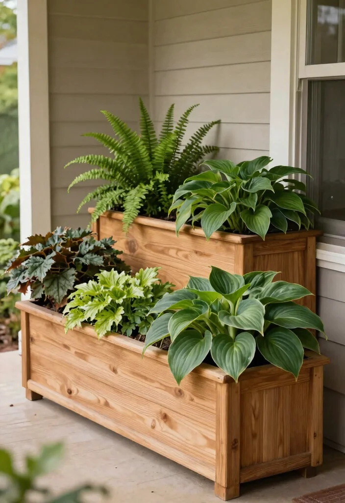 15 Shade Flower Pots Ideas for North-Facing Porches - 7. Charming Wooden Planters 1