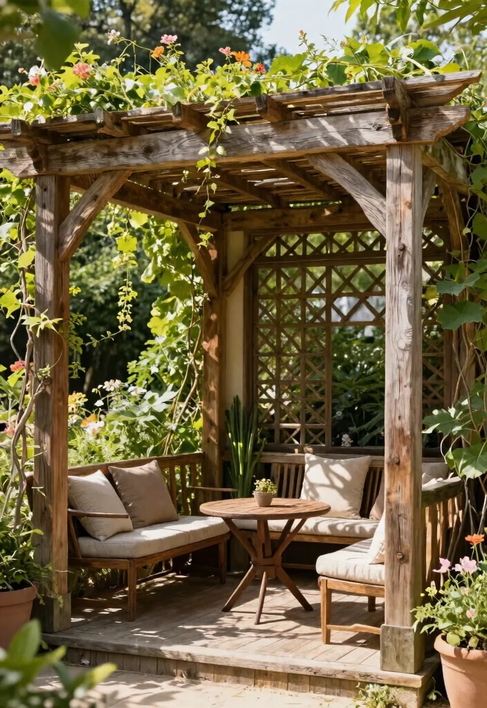 15 Wooden Pergola With Roof Ideas That Provide Full Shade and Rain Cover - 1. Rustic Charm: Weathered Wood Pergola 1