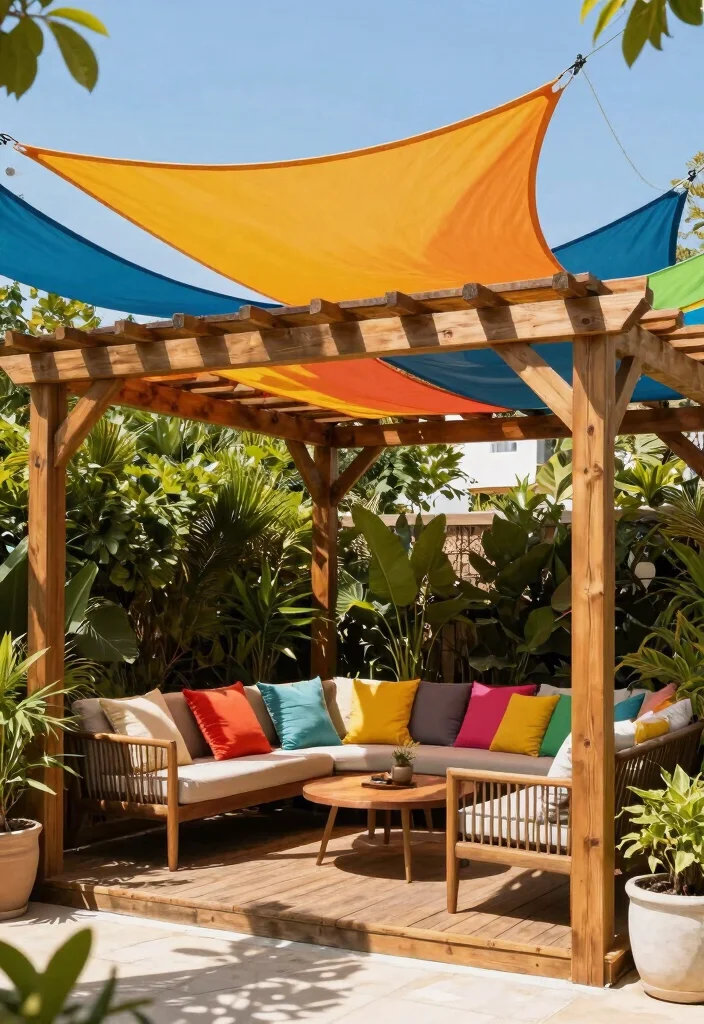 15 Wooden Pergola With Roof Ideas That Provide Full Shade and Rain Cover - 10. Shade Sail Attached to Pergola for Unique Style 1