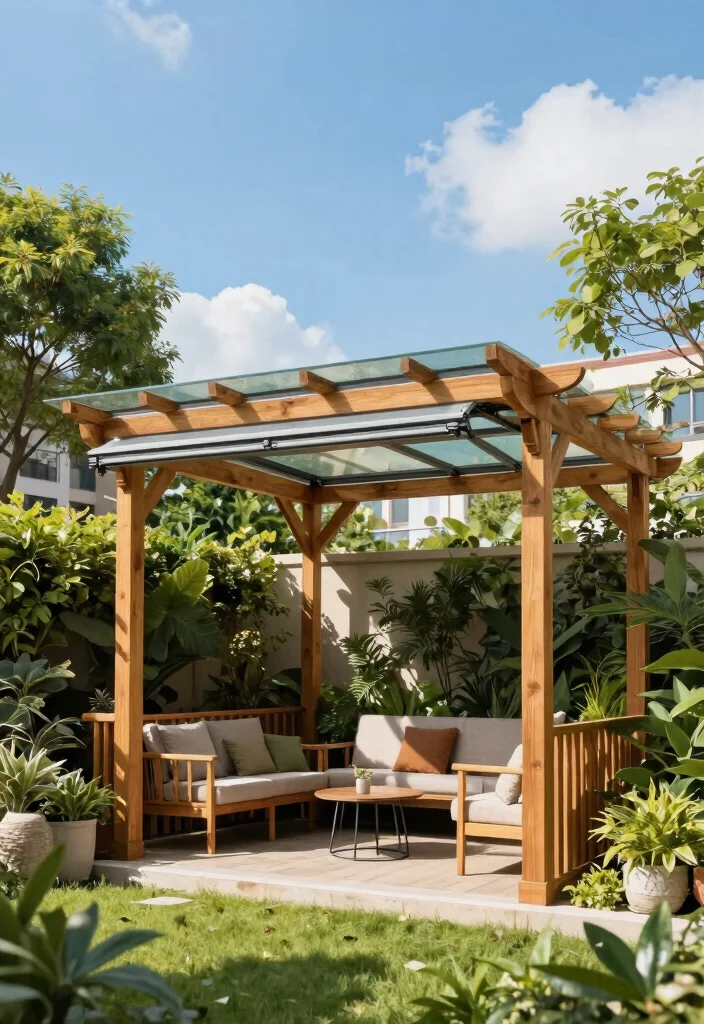 15 Wooden Pergola With Roof Ideas That Provide Full Shade and Rain Cover - 11. Pergola with Retractable Roof for Flexibility 1
