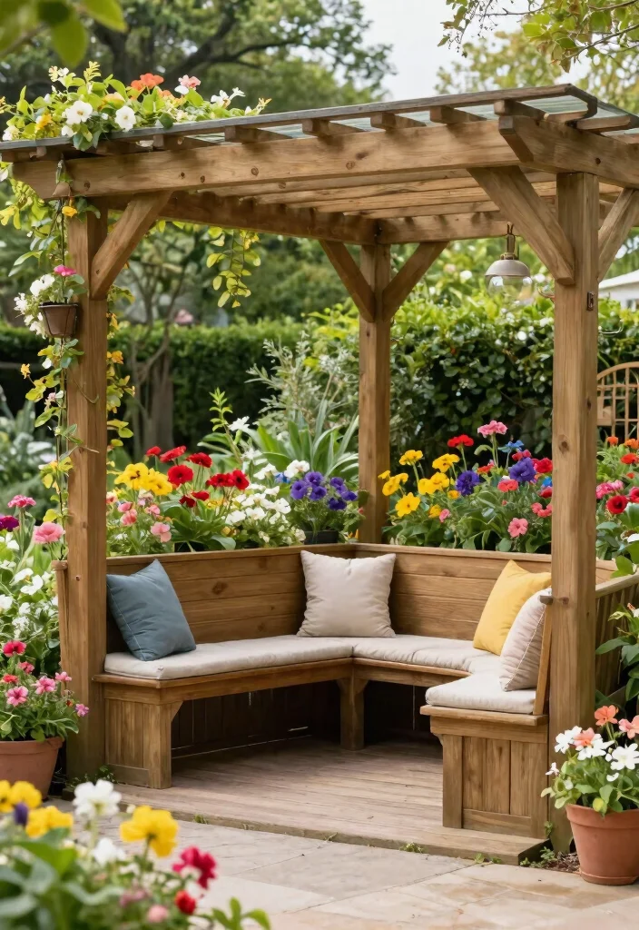 15 Wooden Pergola With Roof Ideas That Provide Full Shade and Rain Cover - 12. Pergola with Built-in Seating for Space Saving 1