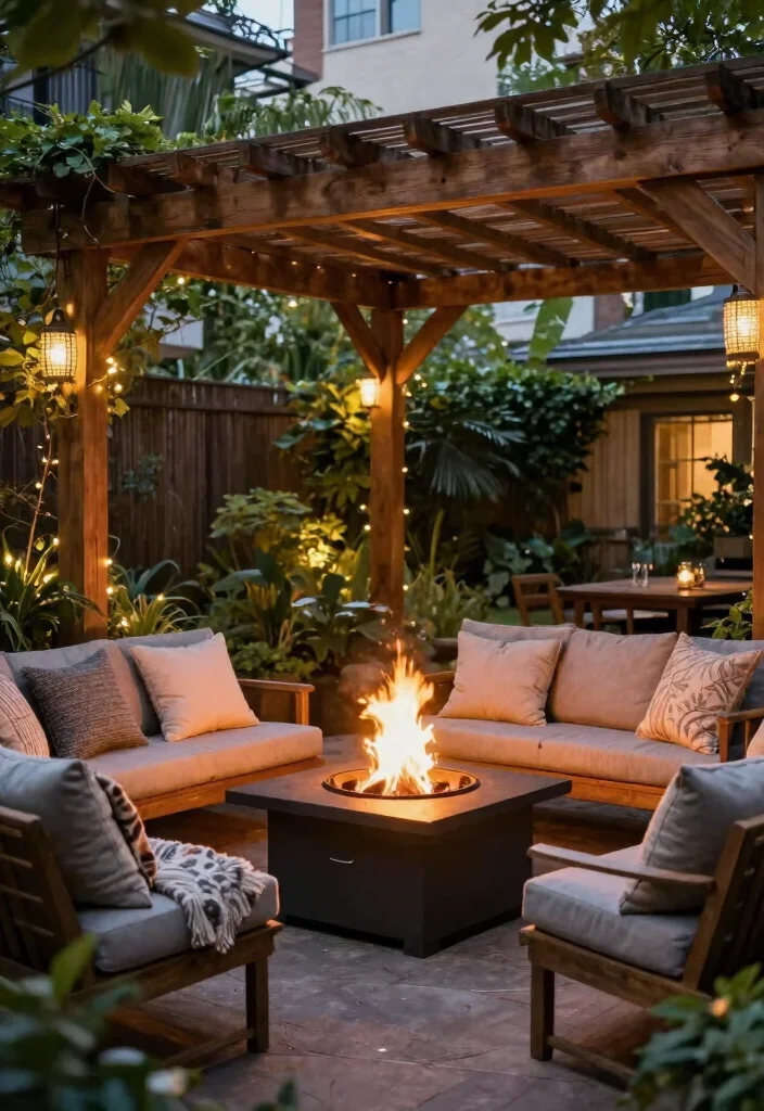 15 Wooden Pergola With Roof Ideas That Provide Full Shade and Rain Cover - 13. Pergola with Fire Pit for Cozy Nights 1