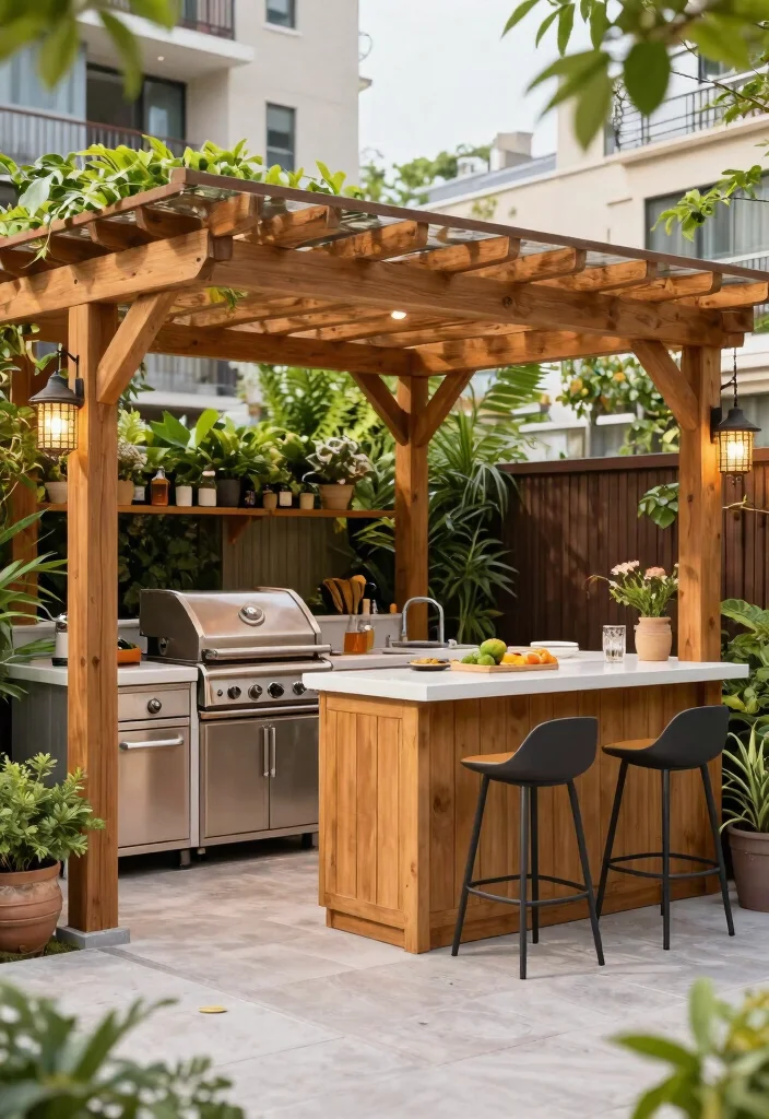 15 Wooden Pergola With Roof Ideas That Provide Full Shade and Rain Cover - 14. Pergola with Outdoor Kitchen for Culinary Fun 1