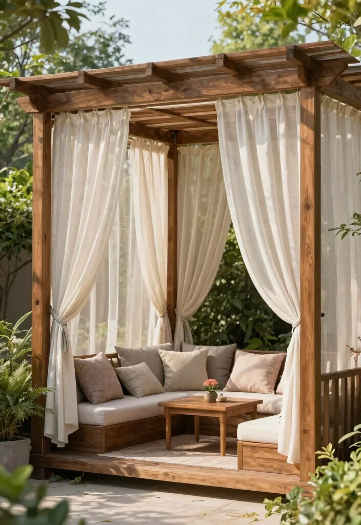 15 Wooden Pergola With Roof Ideas That Provide Full Shade and Rain Cover - 6. Pergola with Outdoor Curtains for Privacy 1