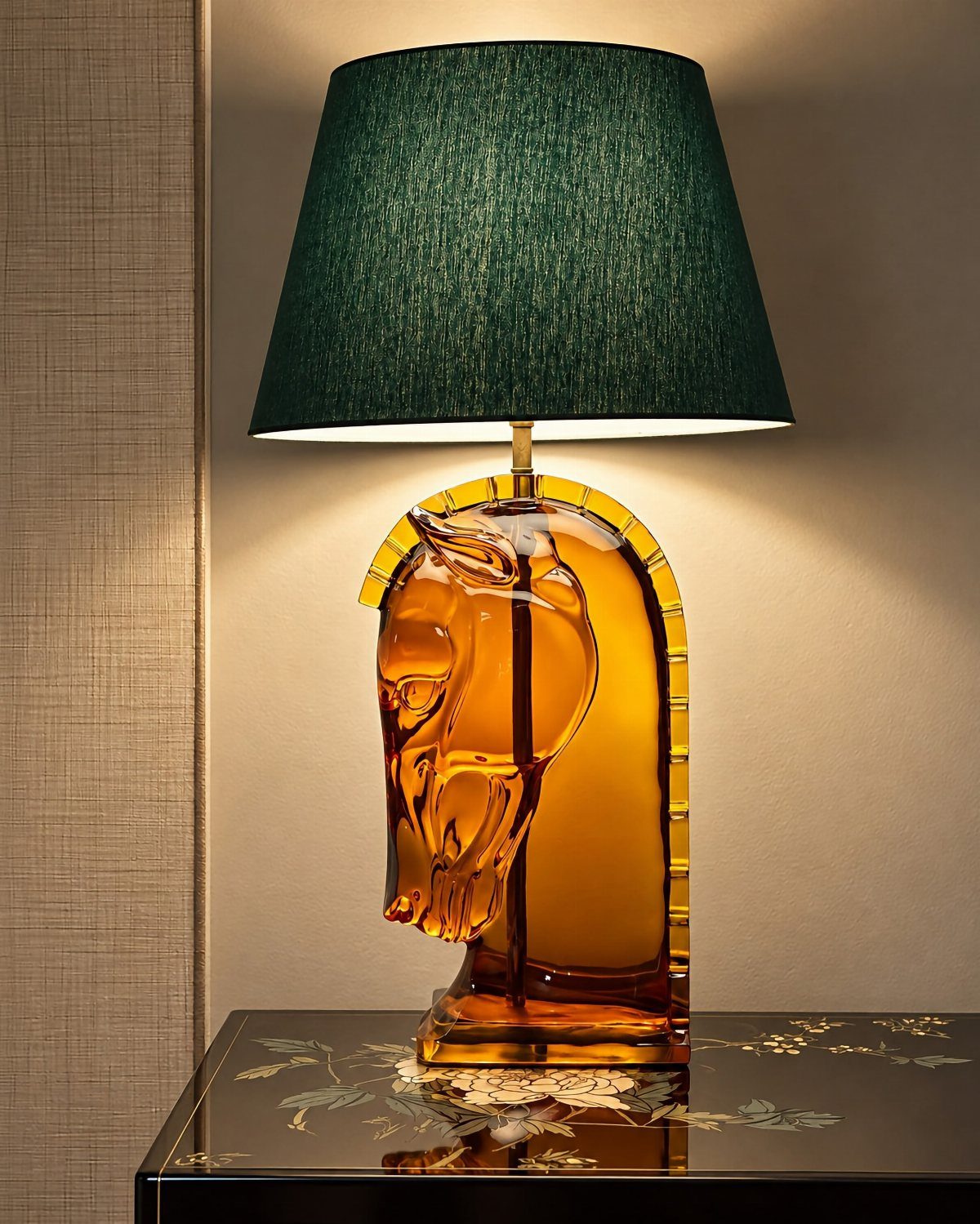 17 Handmade Lamps Ideas Using Wood, Concrete, and Glass Jars 10 Amber horse head shaped lamp base with a dark green fabric shade.