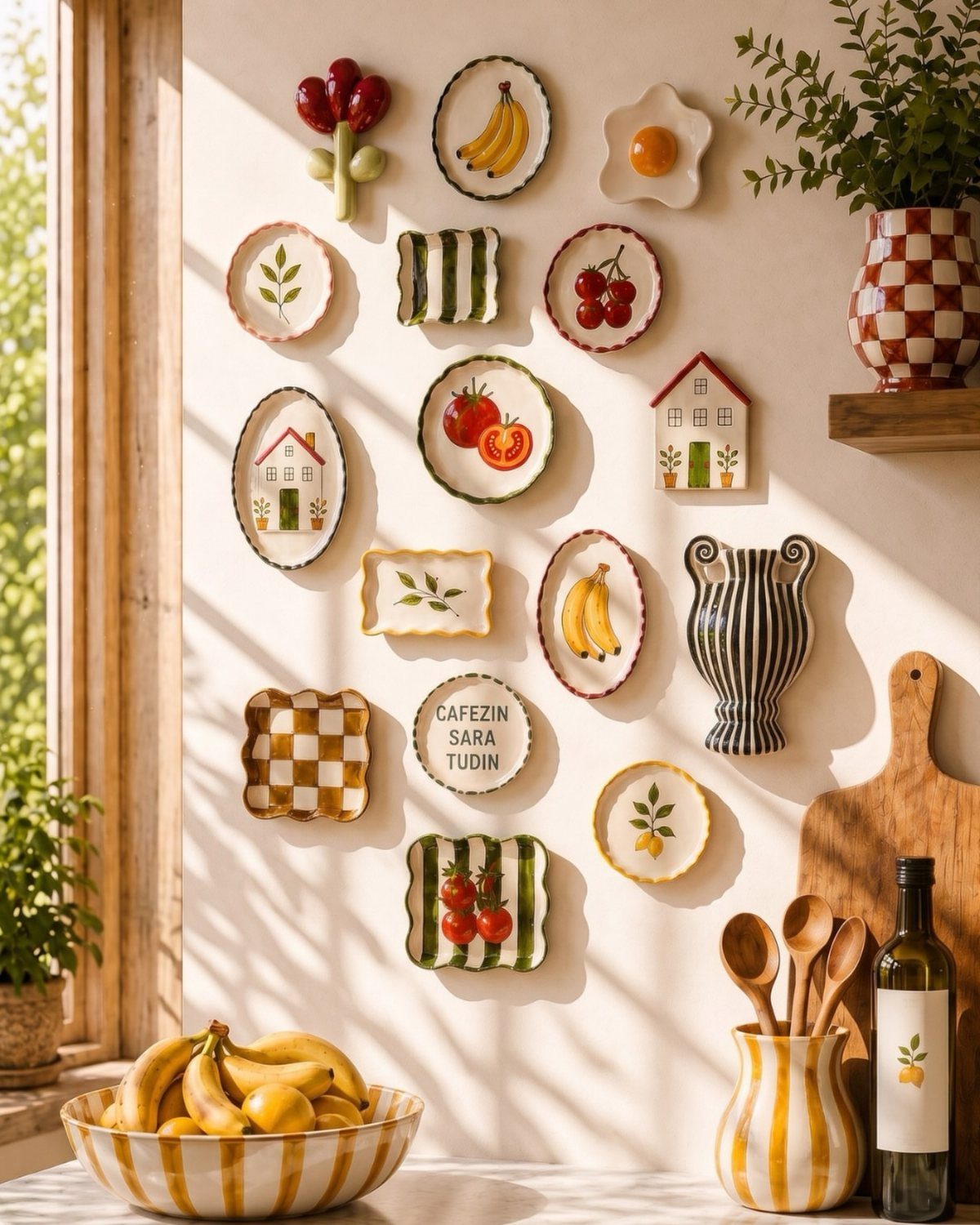 Colorful ceramic plates and decorative objects mounted on a light beige wall.