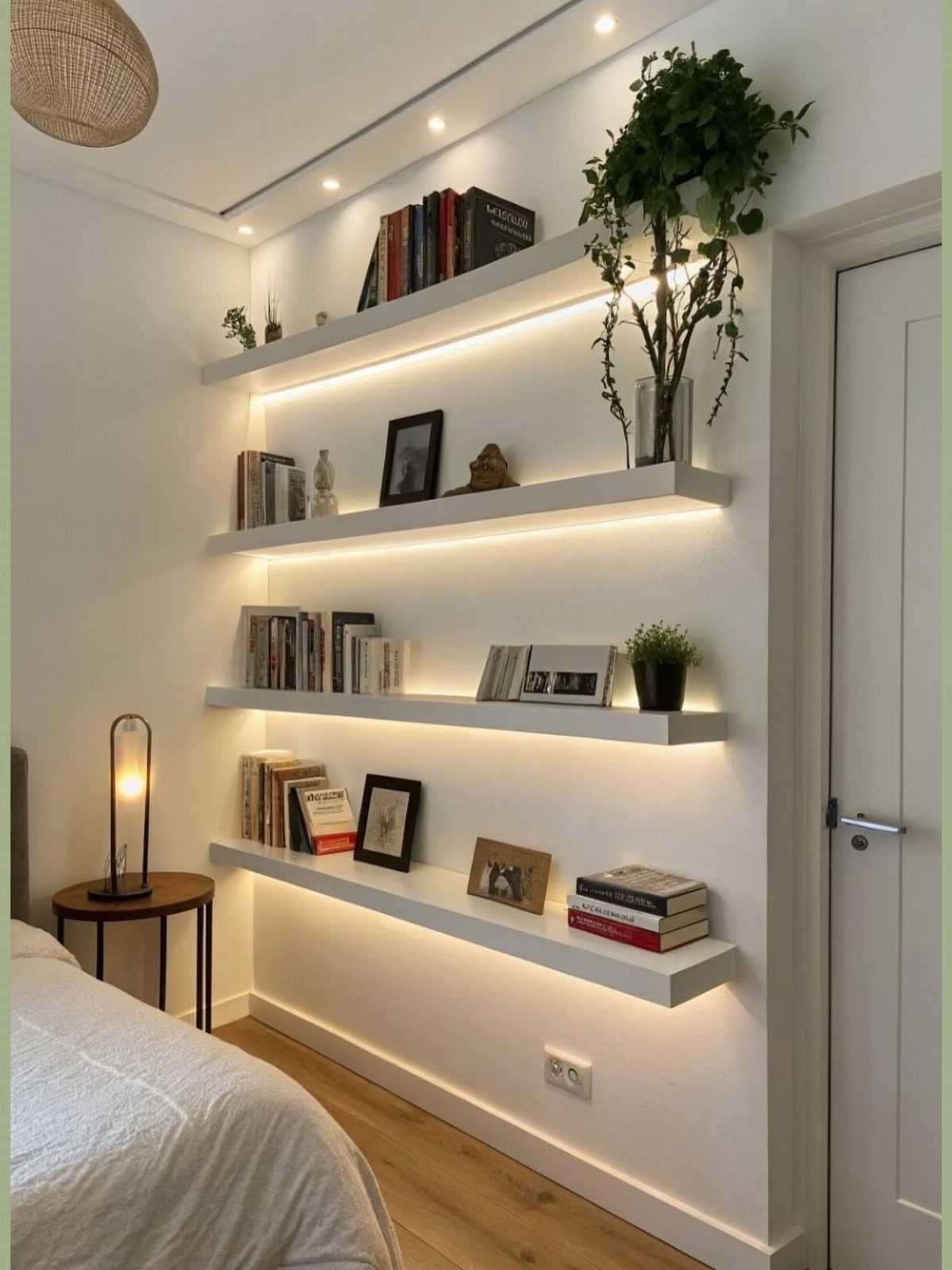 White floating shelves with under-shelf lighting holding books and a trailing green plant.