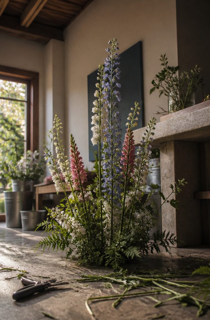Floor arrangement with tall stock snapdragons and delphinium among greenery