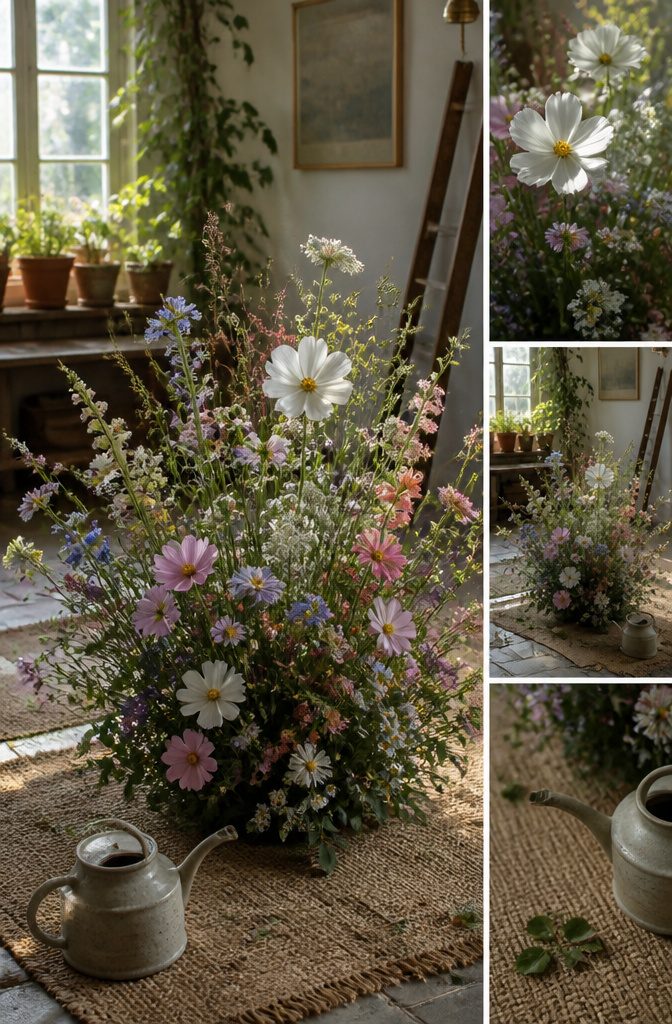 Floor flower arrangement with smaller blooms tucked between larger flowers