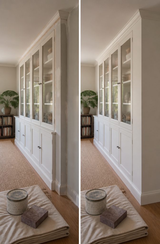 How to Build IKEA HAVSTA Built Ins With Trim, Frame and Paint 4 HAVSTA cabinets with crown molding and smoothed seams along the wall