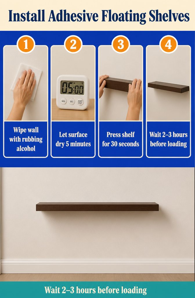 Rental Friendly Shelves for Apartments, Bathrooms, and Closets 1 Adhesive shelf installation guide with wall surfaces and application steps
