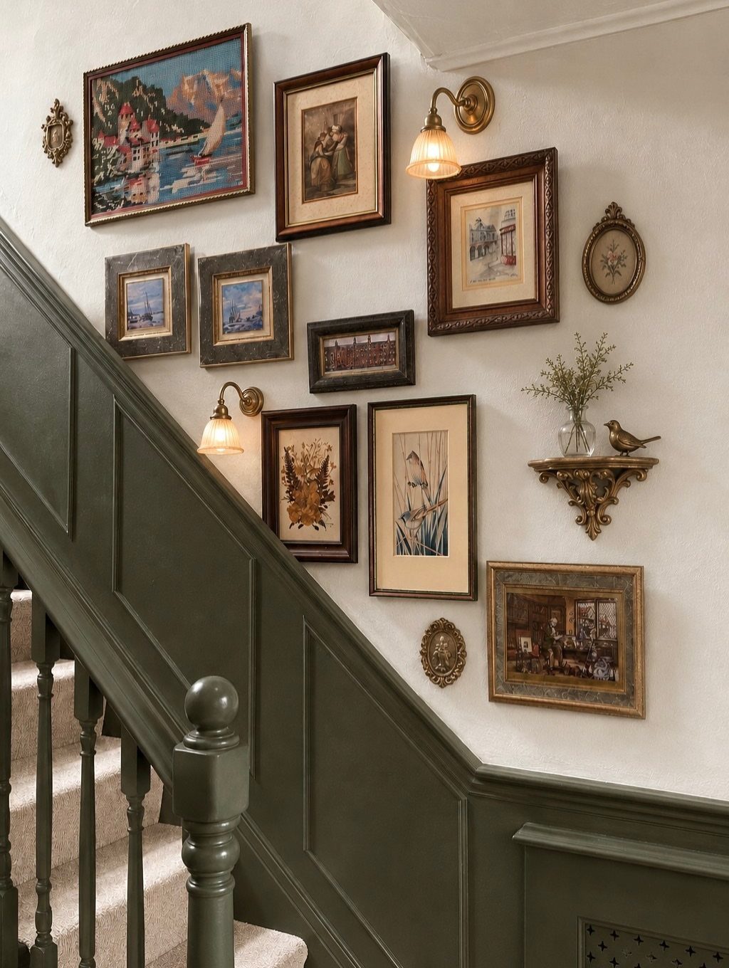 23 Cool House Items for Walls, Shelves, Desks, and Baths 6 Gallery wall of framed art prints above a dark green staircase banister.