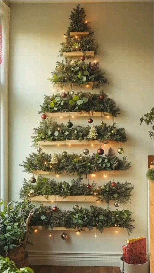 Wall-mounted Christmas tree made of wooden shelves filled with evergreen branches and ornaments.
