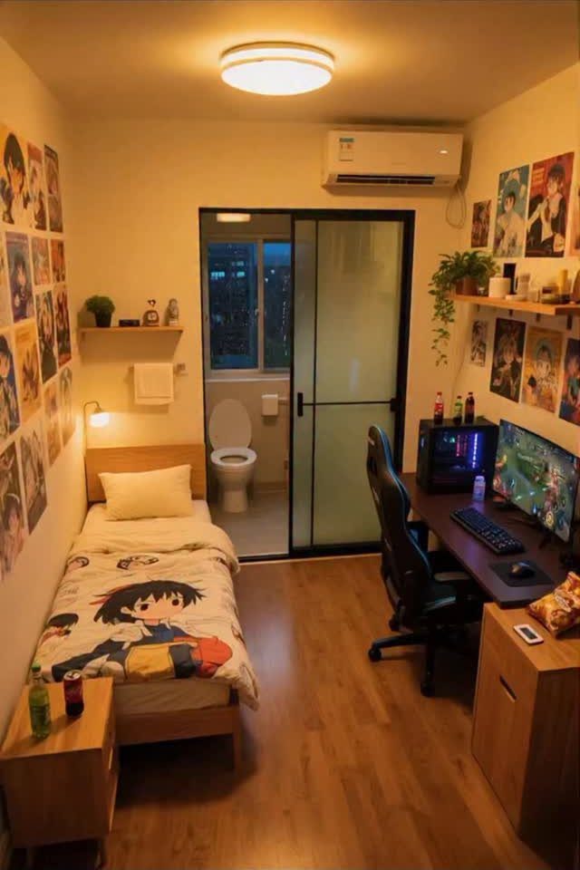Anime-themed bedroom with character posters on walls and a matching anime duvet cover.