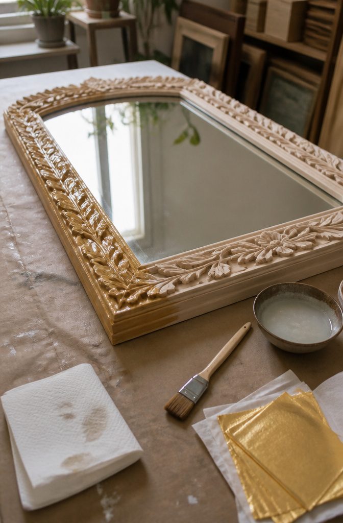 How to Make a DIY Gold Leaf Mirror Frame in 5 Simple Steps 2 Mirror frame half coated in clear adhesive beside gold leaf sheets and a brush