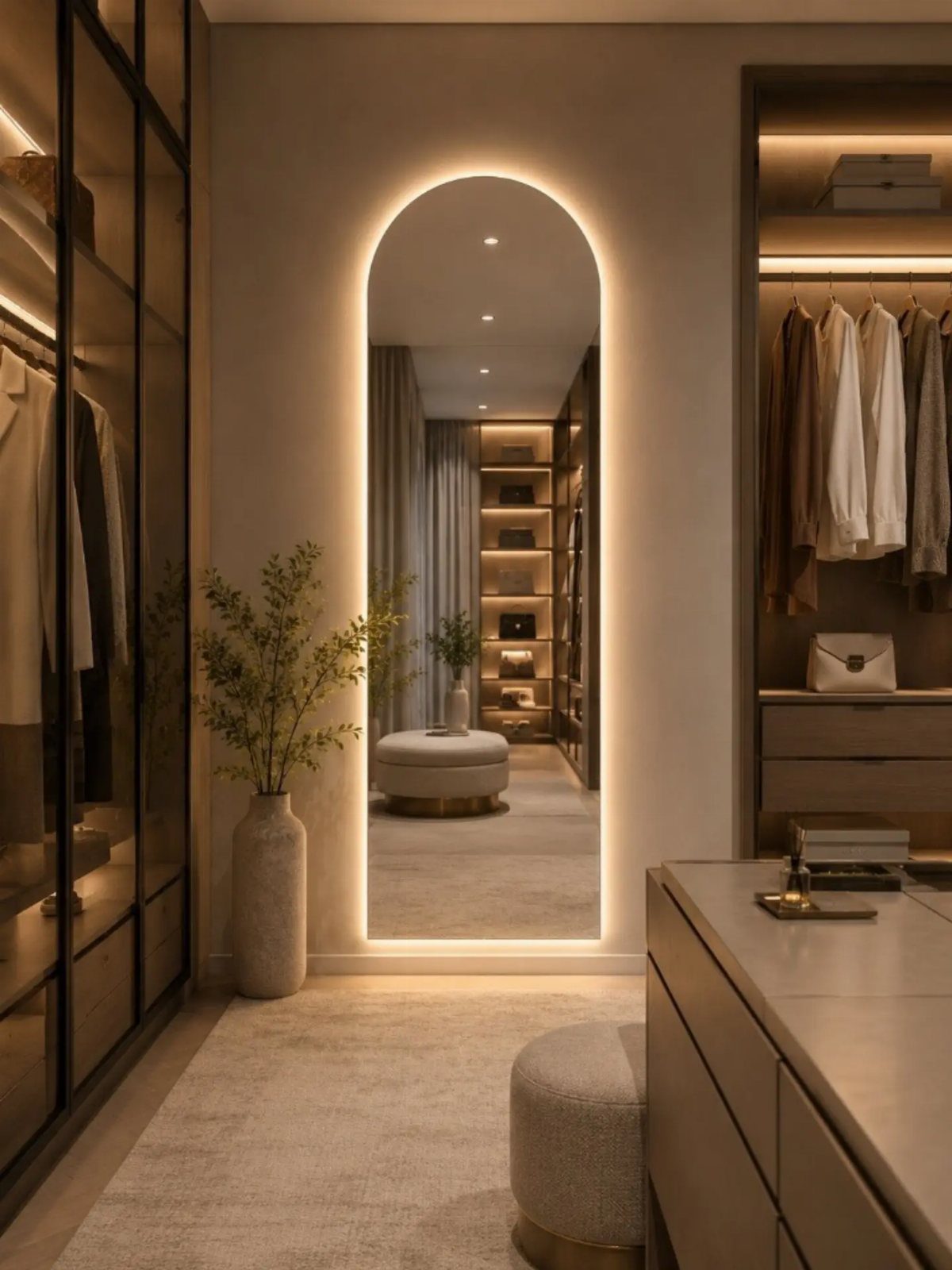 Arched backlit full-length mirror in a modern neutral-toned walk-in closet with clothing.