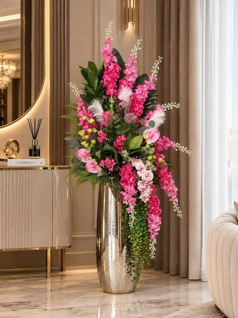 Large arrangement of pink artificial flowers in a tall silver vase in a living room.