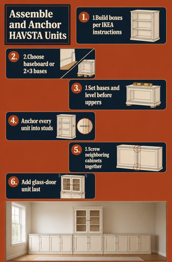 How to Build IKEA HAVSTA Built Ins With Trim, Frame and Paint 2 Instruction graphic with steps for assembling and anchoring HAVSTA cabinets