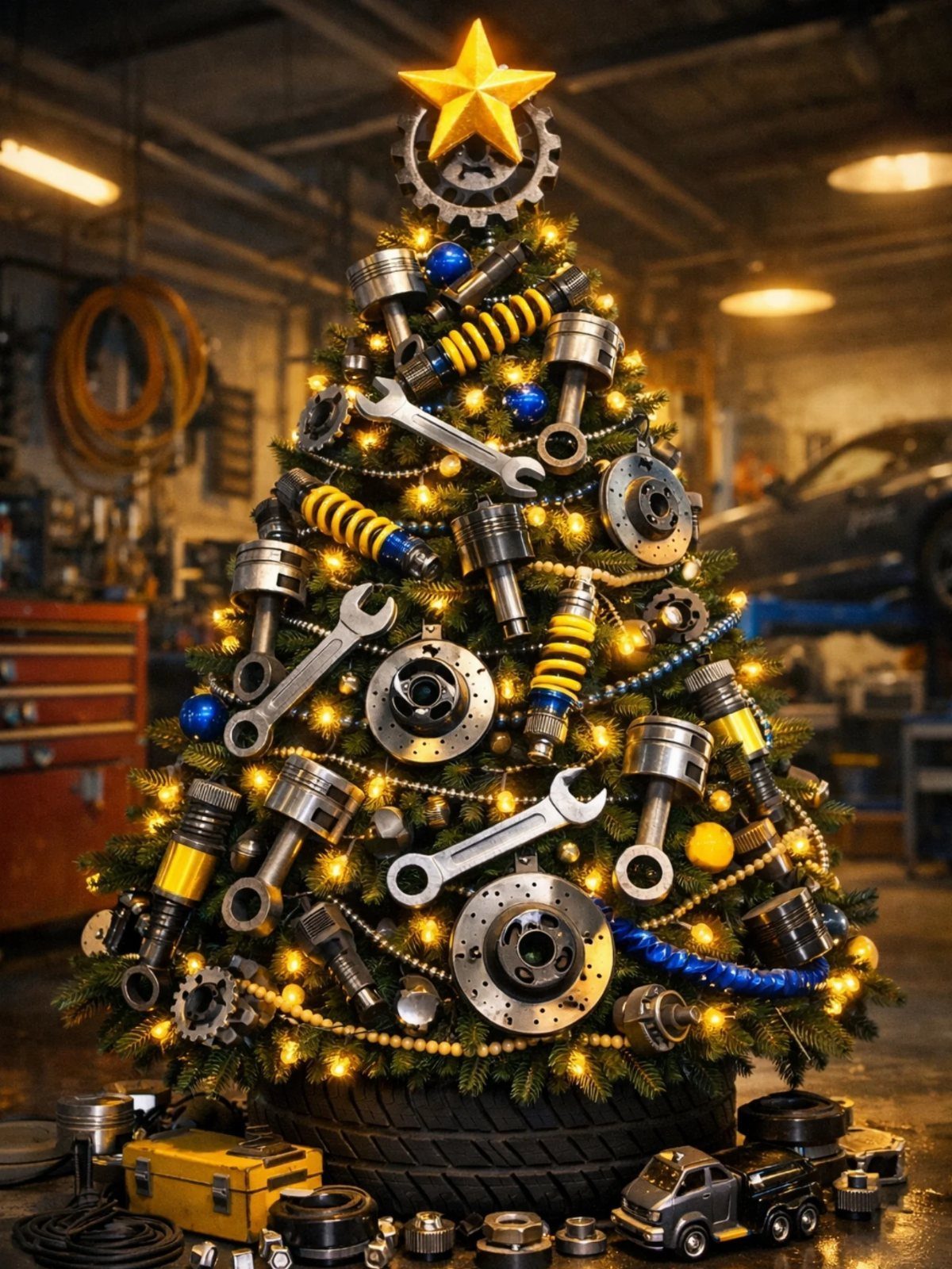 Christmas tree decorated with car parts sitting inside a large black truck tire
