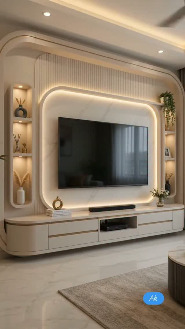Unit TV Modern Ideas: 9 Designs for the Living Room 6 Modern cream TV unit with backlit marble panel and integrated shelving in living room