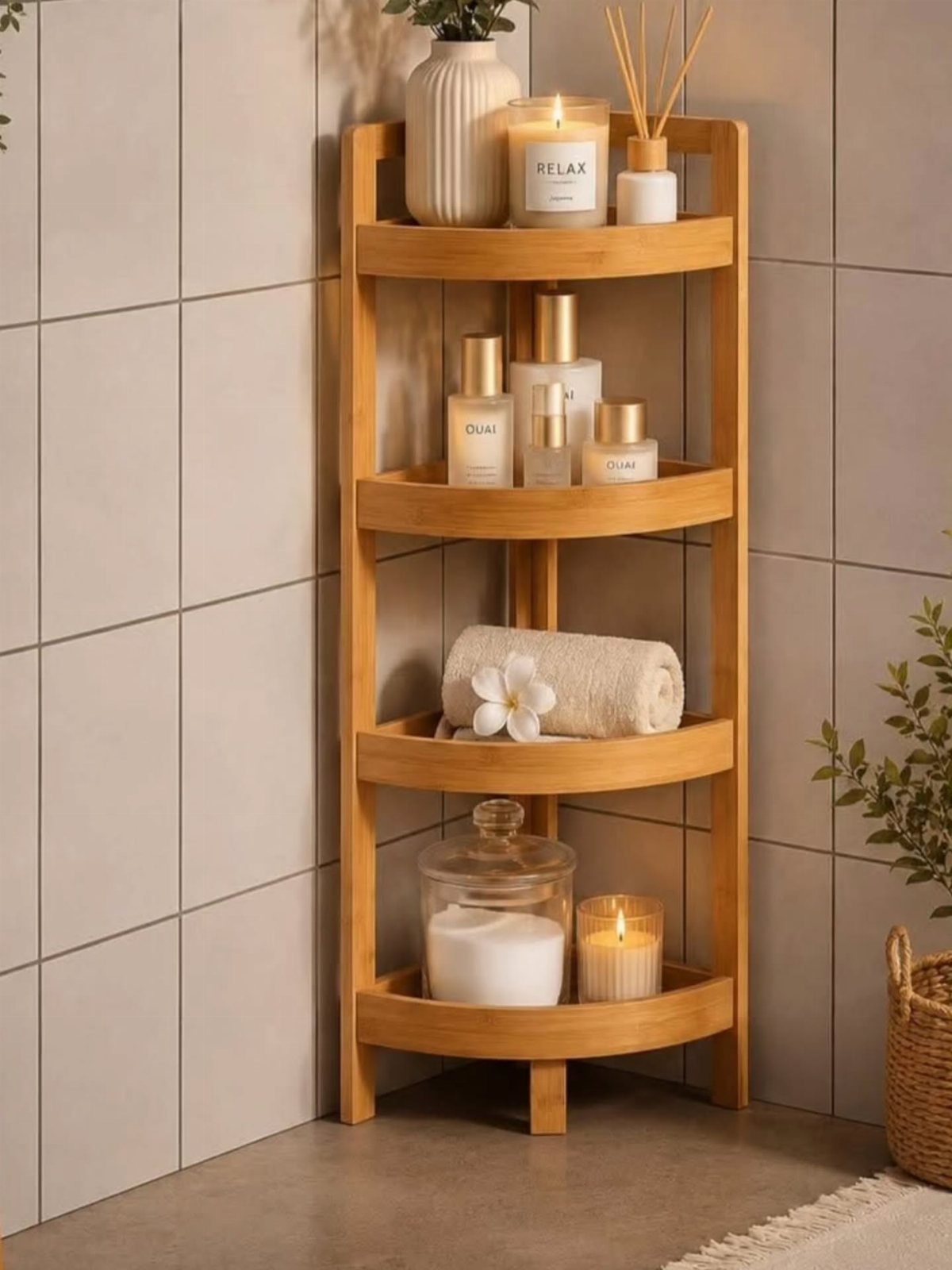 Bathroom Shelf Unit Ideas: 28 Storage and Display Options 10 Bamboo corner shelving unit holding towels, candles, and skincare bottles against tiled walls.