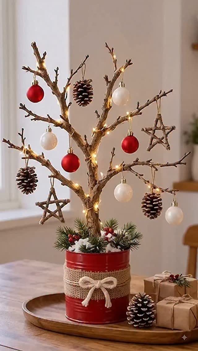 Bare branch decorative tree with ornaments in a red tin pot on a tray