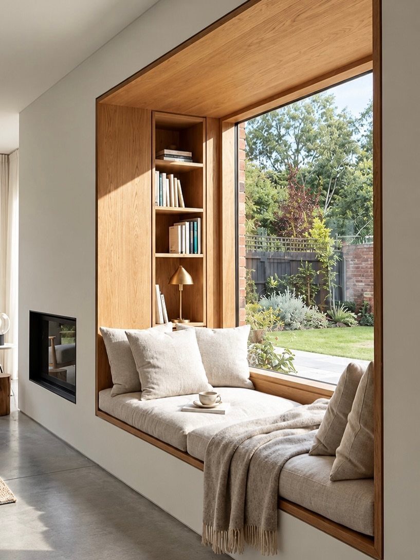 Wooden window nook with a cozy cushioned seat and built-in bookshelf overlooking a garden
